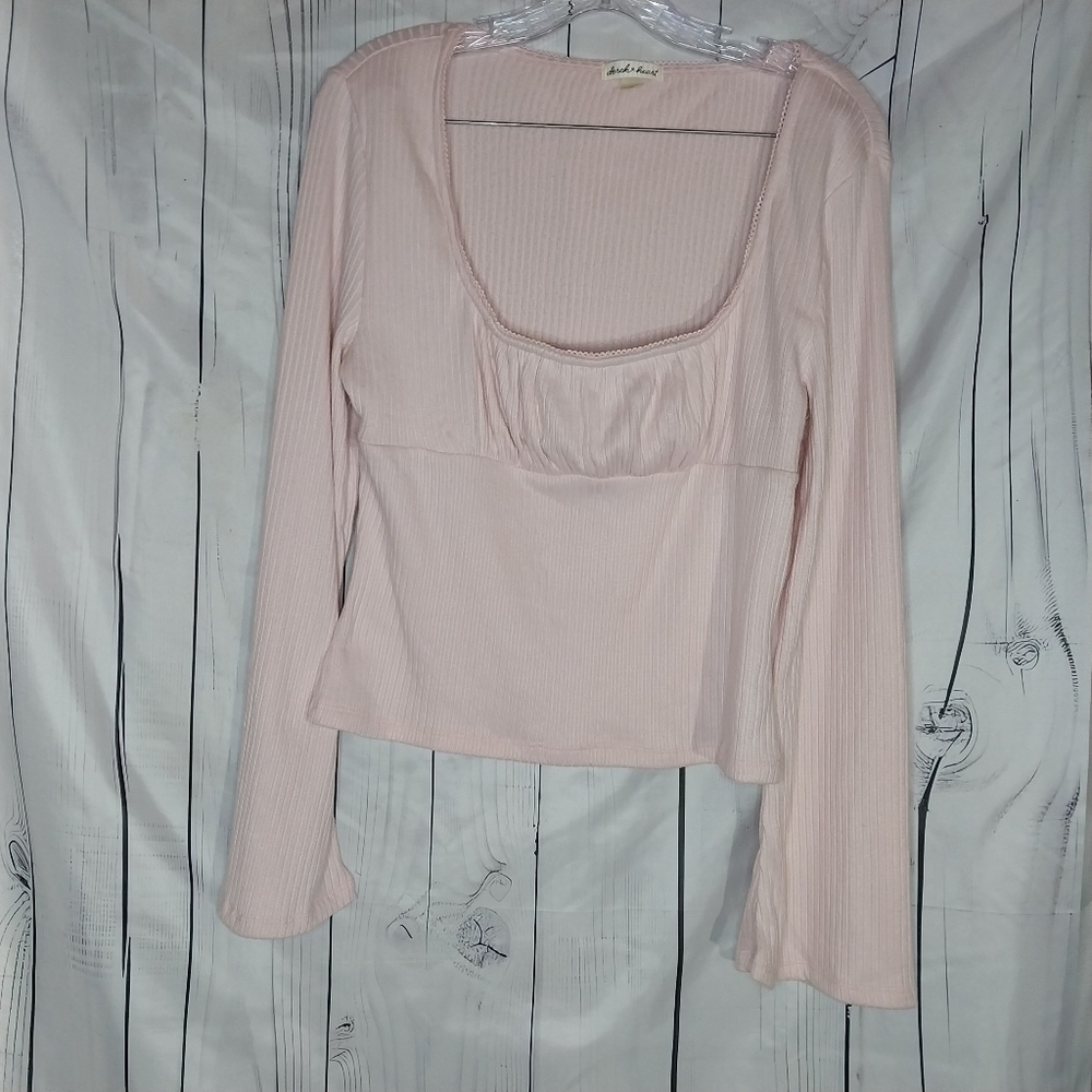 Derek Heart Light Pink Ribbed Ruched Bust Square Neck Boho Bell Sleeve Top